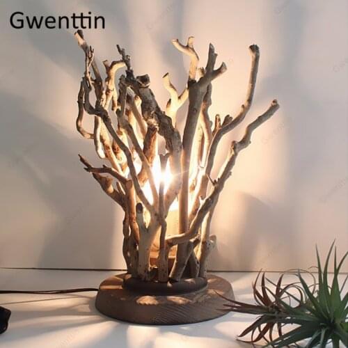 Original Tree Wood Table Lamp Vintage Standing Desk Light for Bedroom Hotel Bedside Lamp Led Light Fixtures Luminaire Home Decor