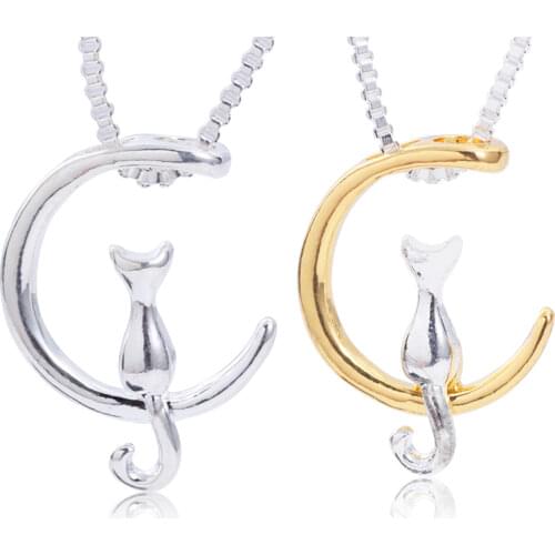 Simple Trendy Moon Cat Necklaces & Pendants Lovely Gold corlour Metal Animal Clavicle Chain Necklace For Women Bijoux Femme