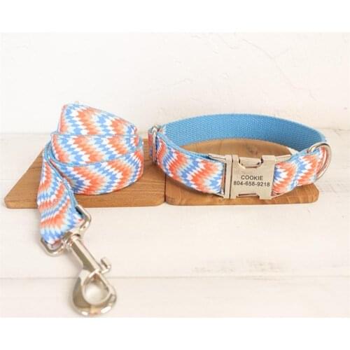 Personalized Pet Collar Customized Nameplate ID Tag Adjustable Rainbow Waving Cat Dog Collars Lead Leash Set
