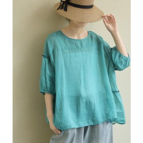 Casual Half Sleeve Cotton and Linen Loose Top Women Summer Thin Perspective Shirt Vintage Feminina Tops Plus Size 2021 Y979