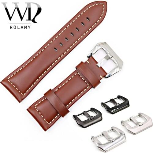 Rolamy 22 24 26mm Brown Smooth Real Leather Handmade Thick Replacement Wrist Watch Band Strap Belt With Pre-V Screw Buckle