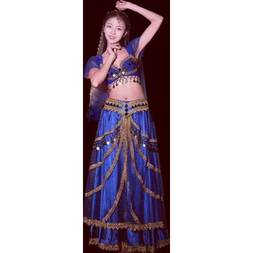 Halloween Christmas Cosplay Costumes Sari Girls Belly Dancing Indian Clothes Women Bollywood 4 Pieces Set Top Belt Skirt Veil