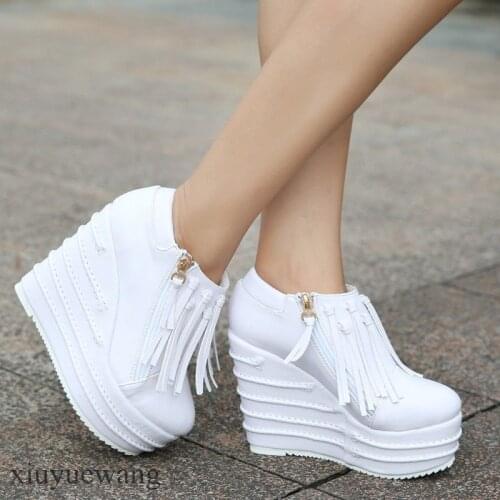 OLOMLB Womens Punk Ankle Boots Platform Wedge Super High 15CM Heel Tassel Side Zip Shoes Genuine Leather 3Colors New 2020