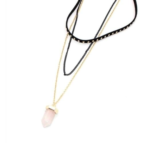 Light Yellow Gold Color Cylinder Natural Rose Pink Quartz Pendant Link Chain Necklace Fashion Jewelry