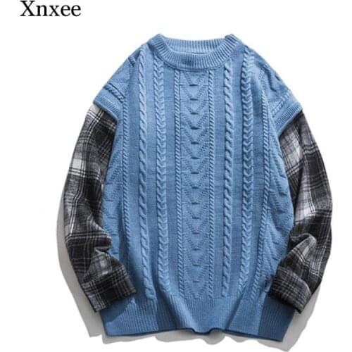Plaid Printed Patchwork Sweater Korea Fashion Big Size Harajuku Vintage Sweater Undefined Mens Clothes Winter Top Clothing