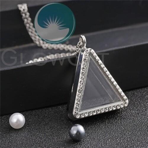 Triangle Glass Locket Necklace Beads Pearl Memory Photo Rhinestone Locket Pendant Necklace