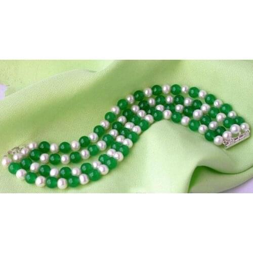 Unique Pearls jewellery Store 4row 8'' 7-8mm White Genuine Freshwater Pearl Green Jade Bracelet Fine Jewelry Women Gift