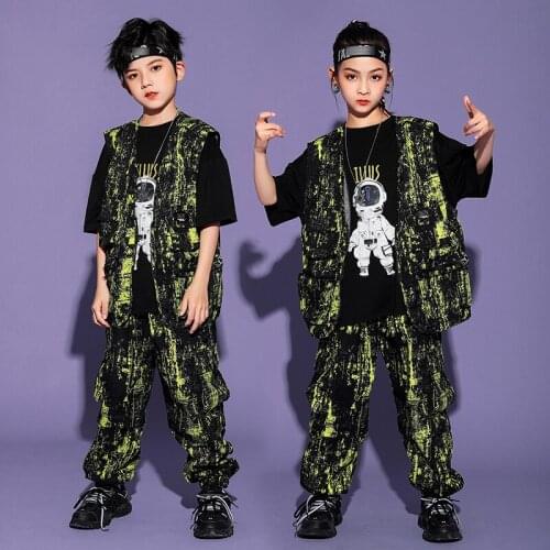 Hip Hop Street Dance Outfits Kids Jazz Performance Clothing Short Sleeves Hiphop Suit Vest Tie Dye Pants For Girls Boys BL6358