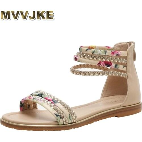 MVVJKE 2021 new ladies flat Roman shoes fashion casual sandals vacation travel sandals floral cloth summer open-toed beach flats