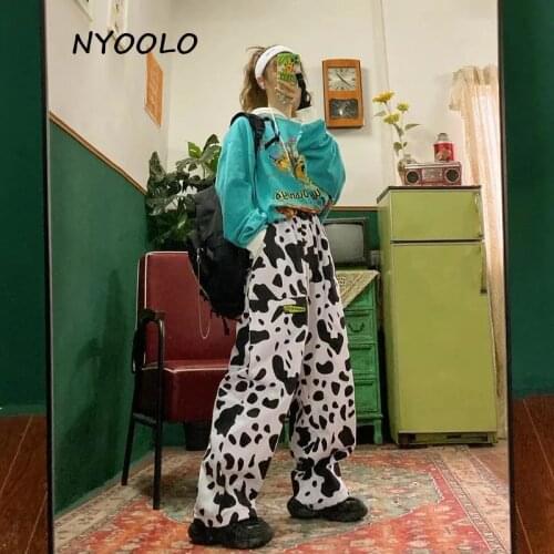 NYOOLO Harajuku Cute Cow Pattern Elastic High Waist Oversized Wide Leg Pants Women Kawaii Clothes Hip Hop Cargo Baggy Trousers