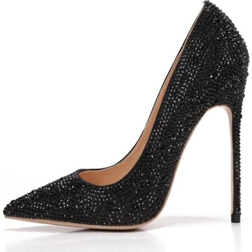 Free shipping fashion women Pumps lady black crystal strass Pointy toe high heels shoes size33-43 12cm 10cm 8cm bride Stiletto