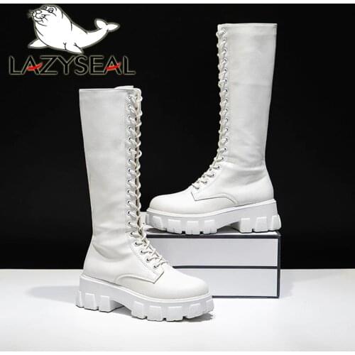 LazySeal Winter Long Boot Shoes Women White Lace Up Zip Height Increasing Pu Leather Shoes Plush Botas Mujer Big Size 43