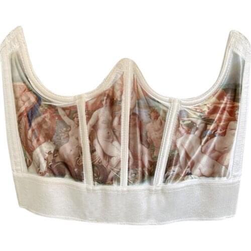 Women Vintage Angel Print Corset Girdle Boned Waist Shaper Underbust Bustier Y1AC