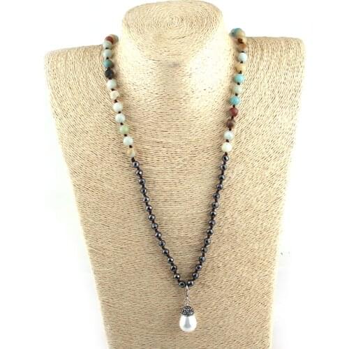 Fashion 8mm Natural Amazonite Stone Knotted Hematite beads Pearl Pave Pendant Necklaces Women Ethnic Necklace