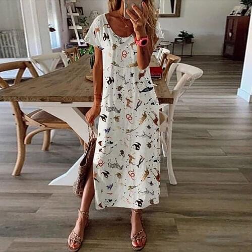Summer Women Loose Casual Vintage Dress Print Plus Size Short Sleeve O Neck Midi Dresses For Women Clothing Vestido 2021