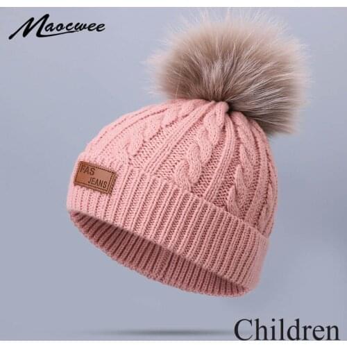 Winter Real Colored Raccoon Fur Pompon Skullies Beanies For Children Knitted Warm Cute Baby Soft Crochet Slouch Hat With Pom Pom