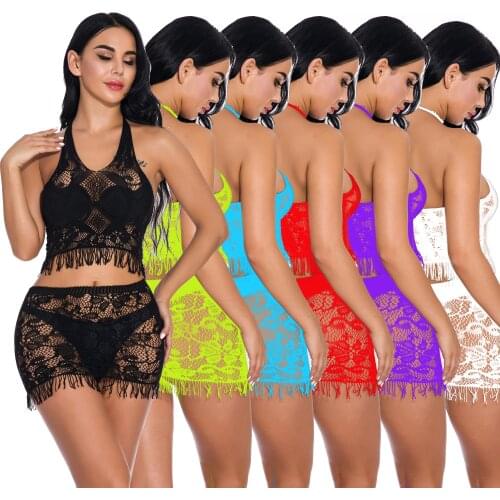 2pcs Lace Mini dress Sexy Fishnet lingerie backless dress teddy Slim halter Buttocks Erotic fancy style short dress