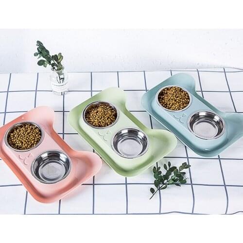 Double Dog Cat Bowls Non-spill Design Food Water Feeder Small Dogs Cats Feeding Non-skid Stainless Steel Pet Bowl Supplies