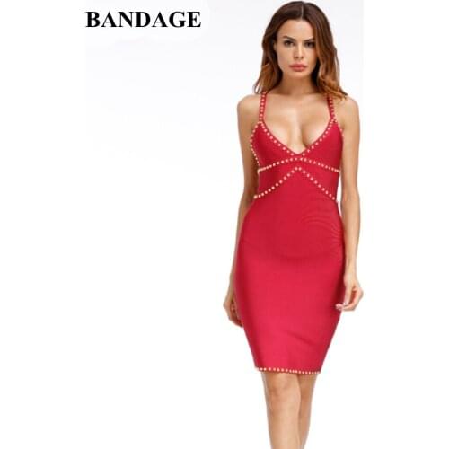 Hot Sale Women Red Bandage Dress Beading Spaghetti Strap Dresses Sleeveless Bodycon Vestidos V Neck Celebrity Party Club Wear