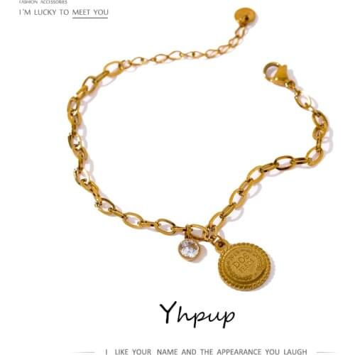 Yhpup Exquisite CZ Round Pendant Chain Bracelet Women Stainless Steel Jewelry Delicate Cubic Zirconia Gold Color Wrist Bracelet