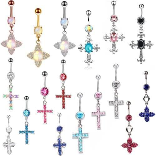 1Piece Cross Belly Piercing Ring 14G Surgical Steel Opal Belly Button Ring Sex Cross Navel Piercing Ring Cute Belly Ring Ombligo
