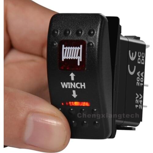 Winch In Winch Out Car Boat DPDT 3 Way Momentary Rocker Toggle Switch Red Led 7 Pins (On) Off (On) 12V 20A 24V 10A