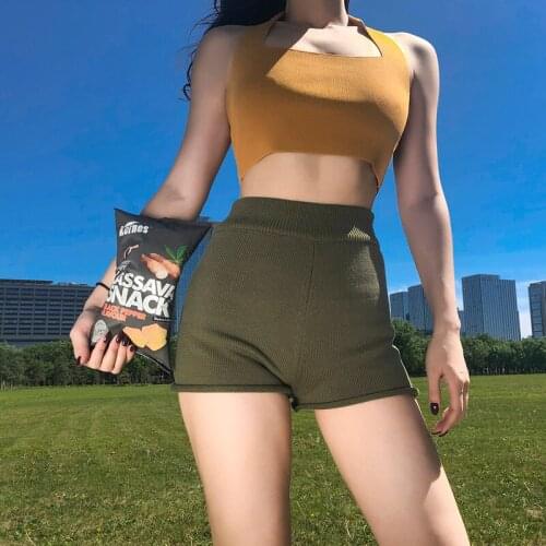 Summer Cute Knitted Shorts Women High Waist Folded Hem Shorts Activewear Sexy Beach Hot Booty Shorts