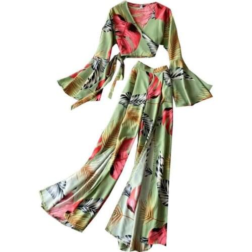 Fashion suit v-neck temperament short printed jacket flared sleeve two-piece high waist wide leg pants split long pants