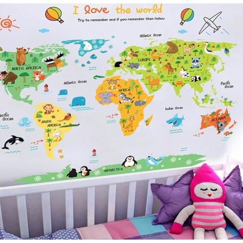 Cartoon world map PVC DIY Self Adhesive Vinyl Wall Stickers Bedroom Home Decor for Children Room Decoration Art Wall Decal Mural