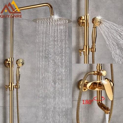 Quyanre Golden Shower Faucets Set Ultrathin Gold Shower Wall Mounted Gold Shower Mixer Tap Swivel Tub Spout 3-way Mixer Tap Set