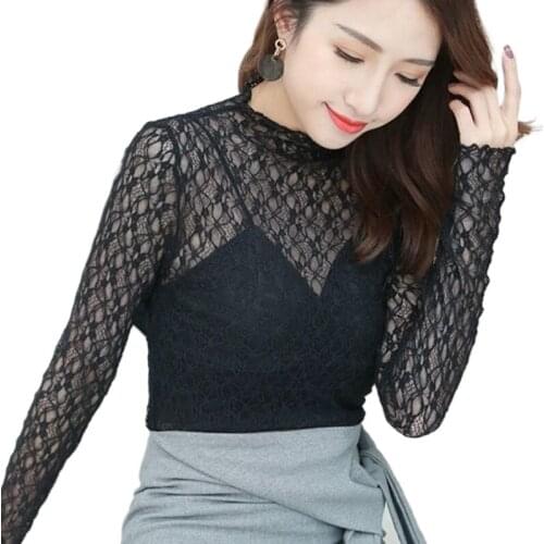 2021 New Women Lace Mesh Blouse Feminine Black Lace Primer Long Sleeves Shirt Plus Size S-3XL Tops Blouse