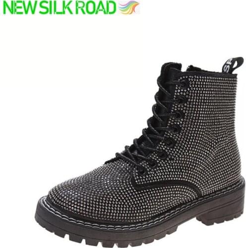 2020 Winter New Arrivals Women Snow Boots Martens Rhinestone Shoes Lace Up Chunky Ankle Fur Female Ladies Booties Botas