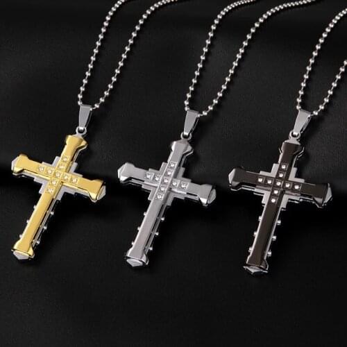 New Fashion Cross Necklace for Men Jesus Crystal Cross Pendant Necklace Black Silver Color Stainless Steel Necklace Jewelry