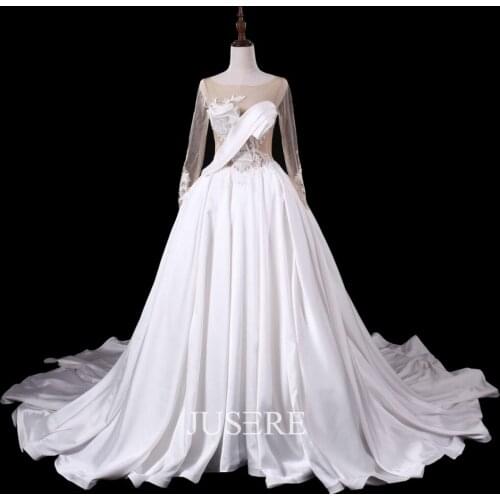 A-Line V-neck Sexy wedding dress Illusion Tulle bridal dress bridal fashion court train bridetobe in stock