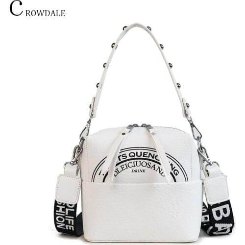CROWDALE Semicircle letter printing pattern women crossbody bag Rivet hand strap shoulder bag Cube pleated pu leather handbag