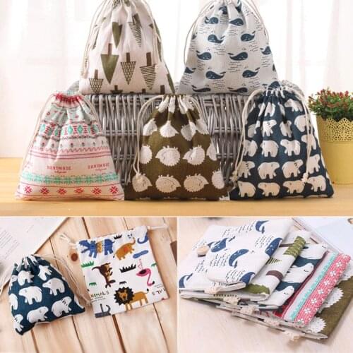 Cartoon Animals Printed Storage Bags Baby Clothing Kids Toys Organizer Drawstring Candy Bags Cotton Linen Jewelry Cosmetic Pouch