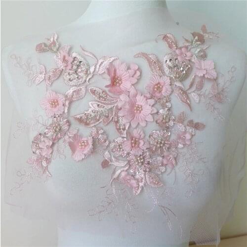 Wedding Bridal Appliques Beautiful Beaded Lace Applique In Pink/Lake Blue Sequins Lace Applique Trim New Arrival DIY Accessories