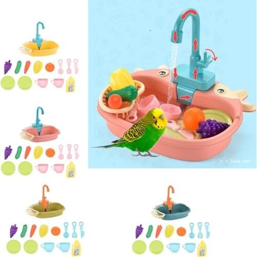 Bird Bath Tub Feeder Bowl Parrot Automatic Shower Bathtub with Faucet Pretend Play Kitchen Sink Dishwasher Kids Pet Toys