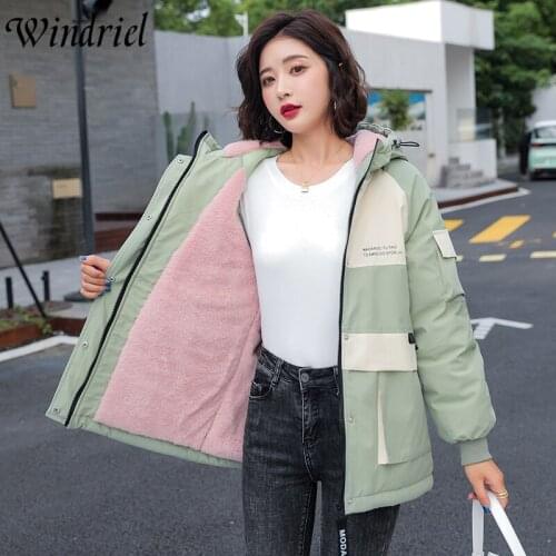 Windriel Warm Jackets Winter Spliced Wool Liner Snow Parkas Women Hooded Big Pockets Padded Clothing Loose Wadded Coats Ladies
