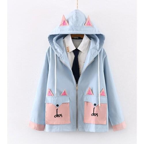 Japanese Womens Spring Autumn New Cute Cat Ears Hooded Cardigan Jacket Student Girl Sweet Wild Pink Jacket Coat Windbreaker