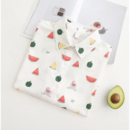 Women Cotton Loose Fit Streetwear Japanese Style Watermelon Print Cute Button Vintage Shirt One Size(Fit EU/US S-XL)