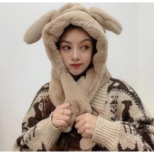WeMe Winter Lovely Scarf Warm Rabbit Ear Hat Can Move Rabbit Ears Hat Scarf Set with Softness Fur for Women
