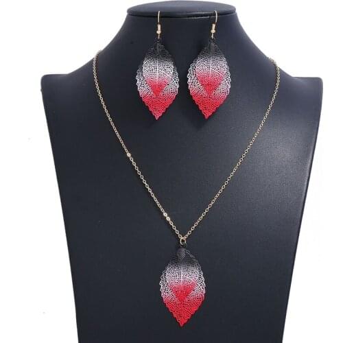 New Multilayer Simple Retro Color Metal Leaves Necklaces and Earrings Set for Women Bohemian Hollow Geometric Female Jewelry