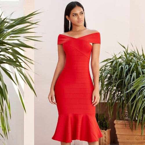 Lady off shoulder bandage dress Mermaid knee length elegant dress for women party nigh club celebrity wedding wear dress