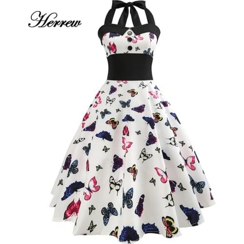 HERREW 2021 Hepburn tunic retro dress 50s 60s summer floral dress womens retro swing casual rock halter sexy party dress