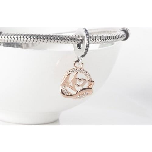 Authentic S925 Silver Pendant Charm for Women Bracelet Bangle DIY Jewelry Rose & Clear CZ Mum Mother Dangle Bead