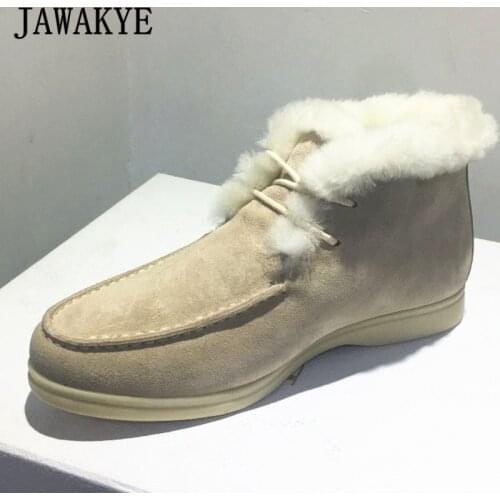 New Nude Suede Snow Boots for Women High Top Lace Up Flat Short Boots Comfortable Wool Winter Shoes Open Walk Grey Black Shoes