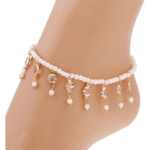 White Color Ethnic Pearl Tassel Crystal Anklets For Women Girl Beach Foot Bracelet Anklet India Jewelry Accessories