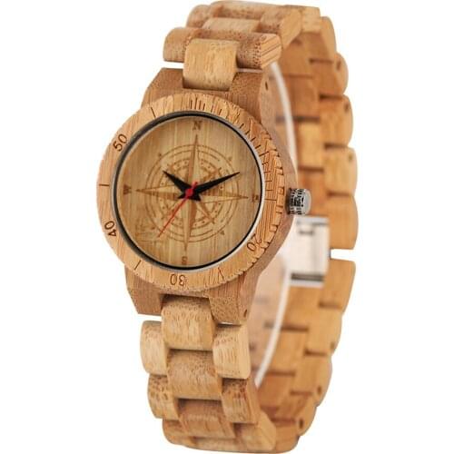 Casual Wooden Watch Men Quartz Carving Compass Round Dial Womens Watches Wood Bangle Wristband Real Bamboo Unisex Clock Gift