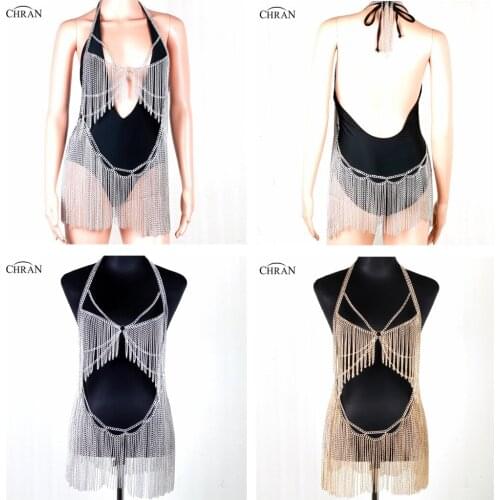 Chran New Fashion Multi Layer Tassel Chain Backless Mini Beach Dress Beach Cover Up Sexy Chain Bra Wear Sexy Night Club Jewelry